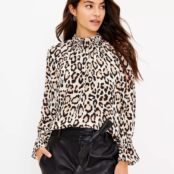 LOFT Tops - LOFT Leopard Cheetah Print Ruffle Bell Cuff Sleeve Blouse Top Shirt Small S